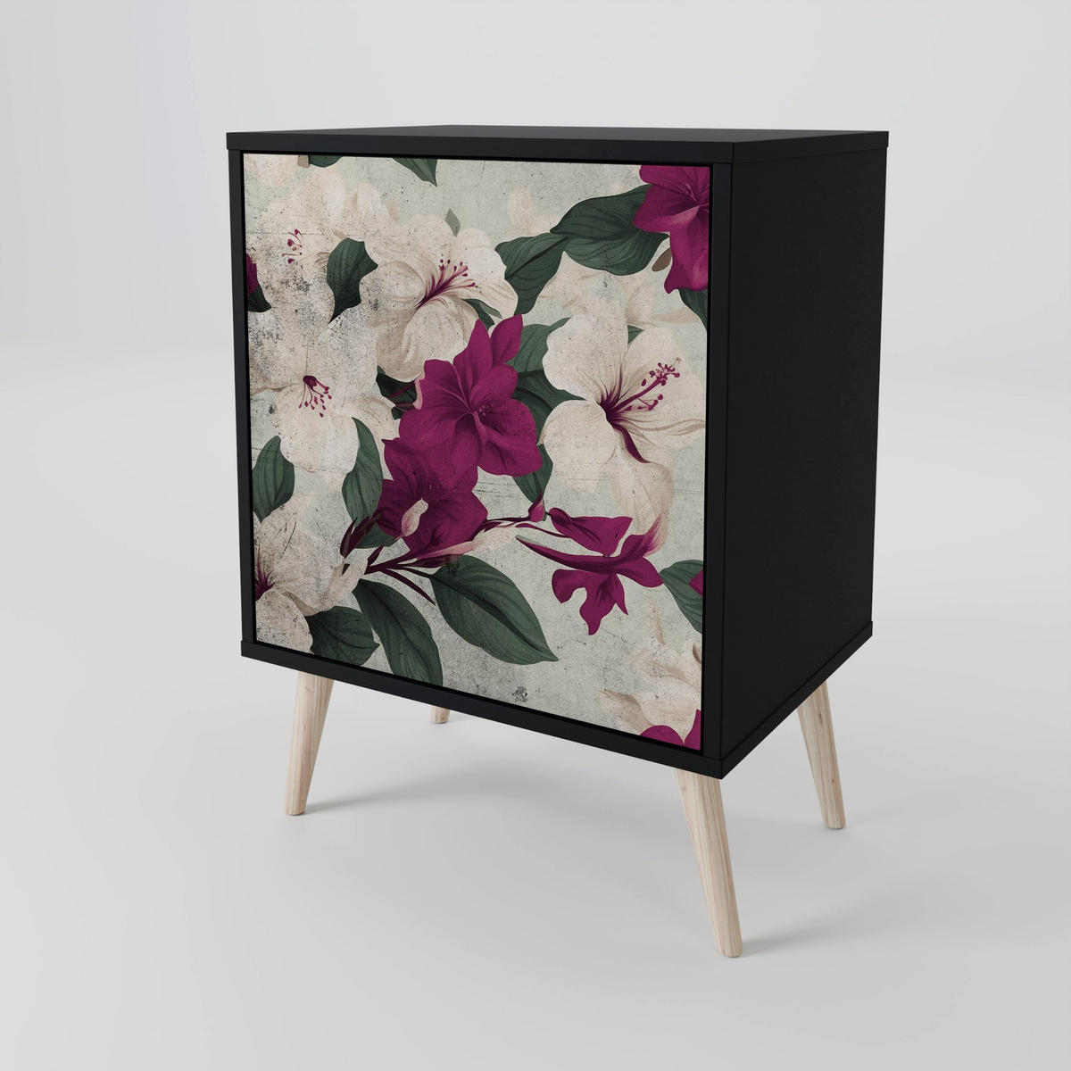 SIDEBOARD FLOWERET DREAM, Schwarz, 57,5x42x70,5 cm, Schwarze Metall-Sternfüße - Multicolor/Schwarz, Holzwerkstoff/Metall (57.5/70.5/42cm) - SpaceRebels
