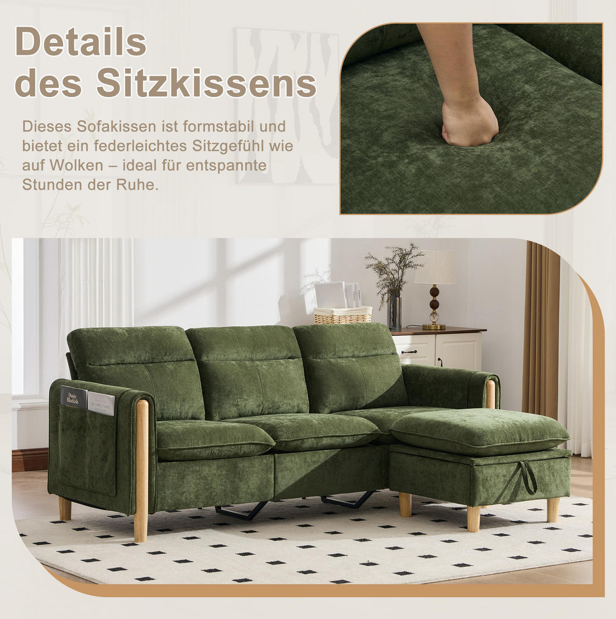 SOFA 201/77/86 cm, 3-sitzig, aus Chenille mit Stauraumhocker - Grün, Textil (77/86/201cm) - Flora Grace