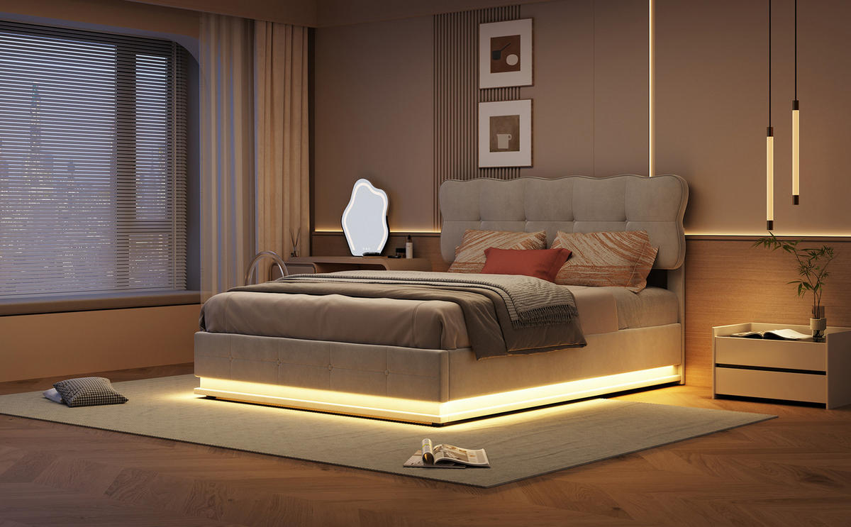POLSTERBETT 140x200 cm Beige Samt LED Bettkasten - Beige, Holz (140/200cm) - SHOPENTRA