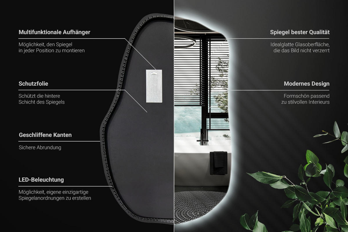 LED-SPIEGEL 70x45,5 cm Asymmetrisch Kaltweiß 6000K - Transparent, Glas (45.4/70/0.4cm) - Wallfluent
