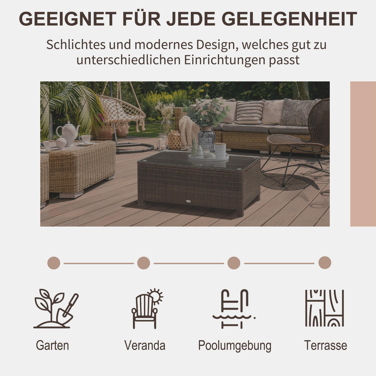 COUCHTISCH, Braun, Metall, PE-Rattan, Gehärtetes Glas - Braun, Kunststoff (85/50/39cm) - Outsunny
