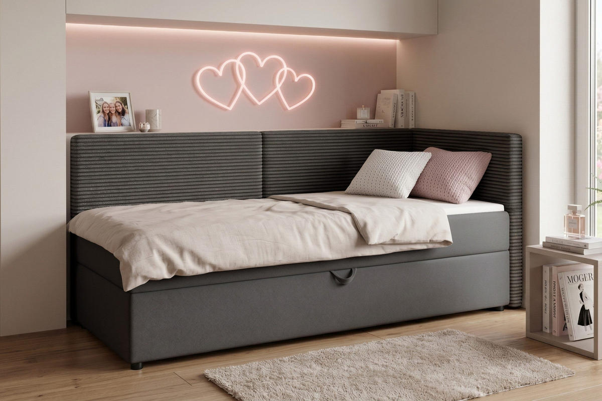 BOXBETT MILA 100/200 in Cord/Velours Anthrazit H4 rechts - Anthrazit, Holz/Holzwerkstoff (100/200cm) - Deine Möbel 24