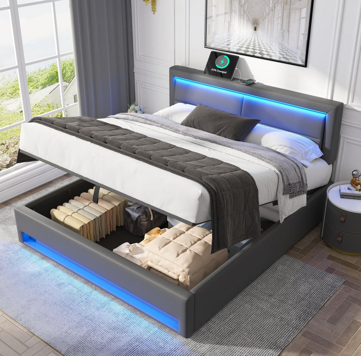 POLNJENA postelja iz PU 140x200 cm siva z USB priključkom, LED osvetlitvijo in prostorom za shranjevanje - siva, usnje (140/200cm) - Modfu