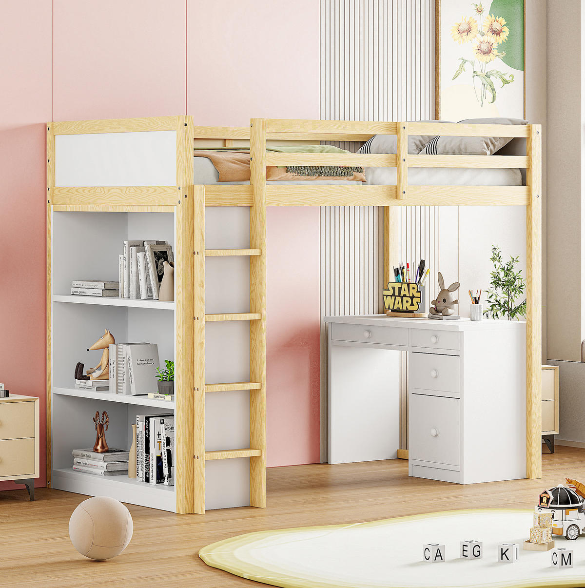 HOCHBETT 90/200 cm aus Holzwerkstoff mit Schreibtisch, Stauraumschrank und flexiblem Aufbau, Natur Holzwerkstoff - Naturfarben, Holzwerkstoff (90/200cm) - Redom