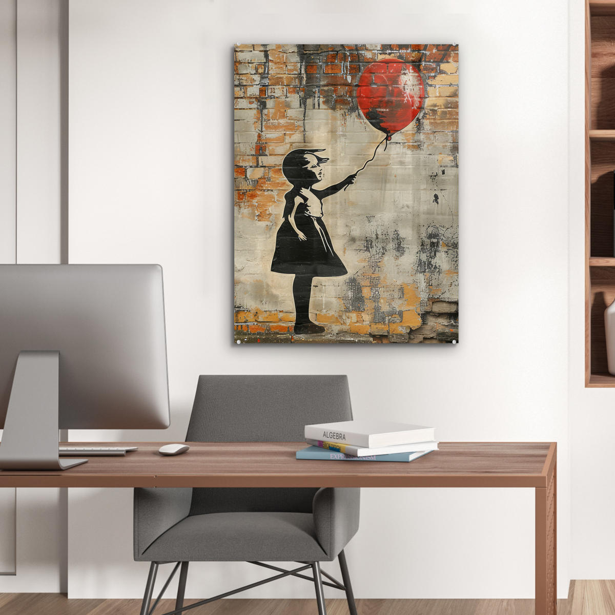 ACRYLGLASBILD Graffiti - Banksy - Mädchen - Straßenkunst 60x80 cm - Sandfarben, Glas (60/80cm) - MuchoWow