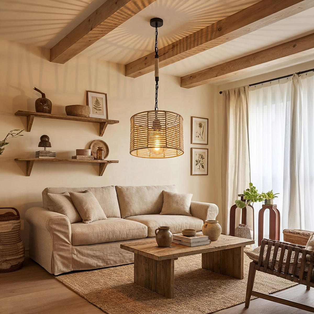 HÄNGELEUCHTE Gitterstabe Schwarz Natur Braun - Schwarz, Metall (31/31/120cm) - Globo Lighting