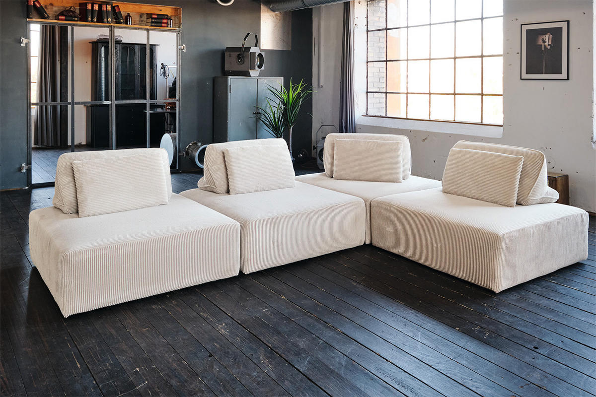 MODULSOFA WIOLO SOFT 4 MODULE 4 KISSEN Cremeweiß Cord - Creme/Schwarz, Kunststoff/Textil (333/84/222cm) - KAWOLA
