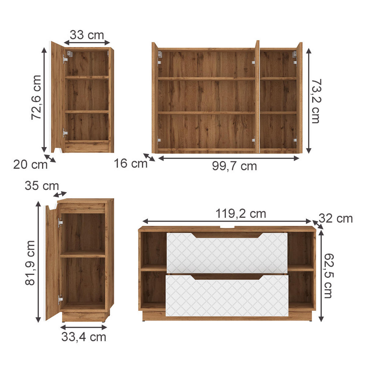 BADMÖBEL-SET Lotta Eiche/Weiß mit Kachelstruktur 4 Teile - Eichefarben/Weiß, Holzwerkstoff (119.2/62.5/35cm) - Vicco
