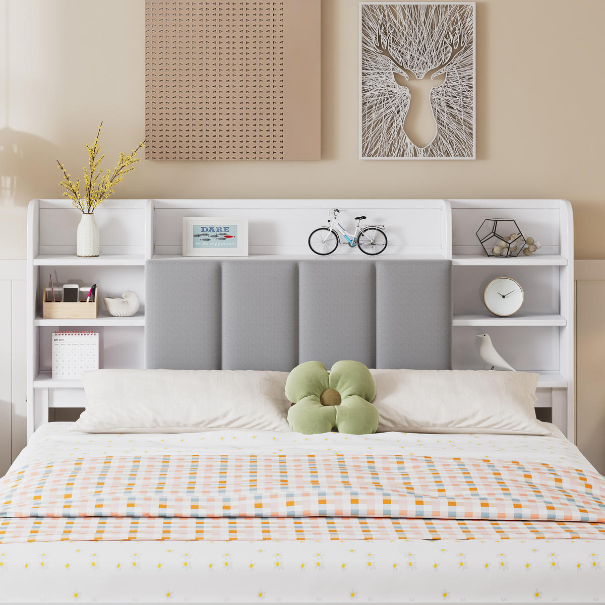 DOPPELBETT 160/200 cm Weiß mit offenen Regalen und drei Schubladen - Weiß, Holzwerkstoff (160/200cm) - OKWISH