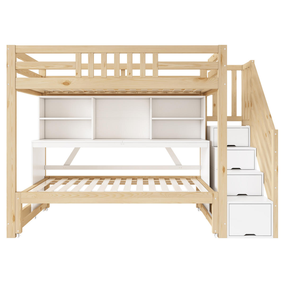 ETAGENBETT aus Kiefernholz 90x200 cm Weiß & Eiche mit Schreibtisch, Ausziehbett, Stauraum und Leiter - Eichefarben, Holz (90/200cm) - Modfu