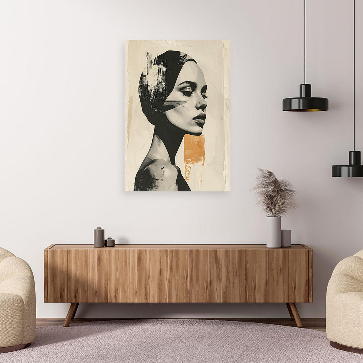 LEINWANDBILD, Ein minimalistisches Porträt einer Frau in Schwarz Weiß und Beige. - Grau, Textil (20/30cm) - Feeby