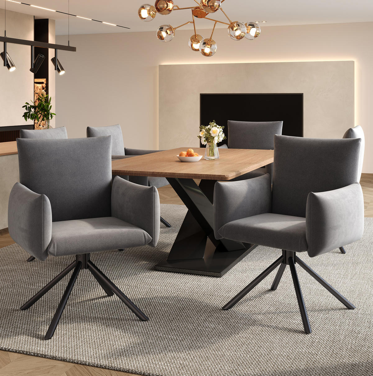 ESSZIMMERSTUHL 360° drehbar Samt Grau 6er-Set - Grau, Metall (60/88/60.2cm) - Meubliv