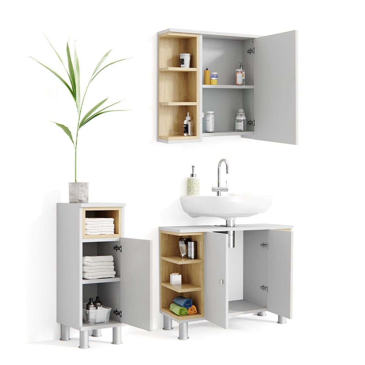 BADMÖBEL-SET Aquis Weiß 3 Teile - Weiß/Sonoma Eiche, Holzwerkstoff (79.6/64/32cm) - Vicco