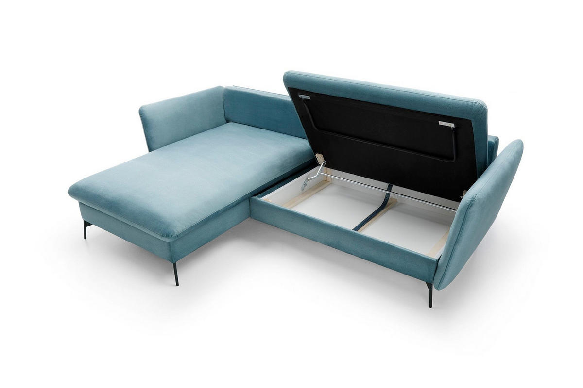 ECKSOFA FERRO Blau Velours-Stoff mit Schlaffunktion - Blau, Holz (258/167cm) - MASSENO
