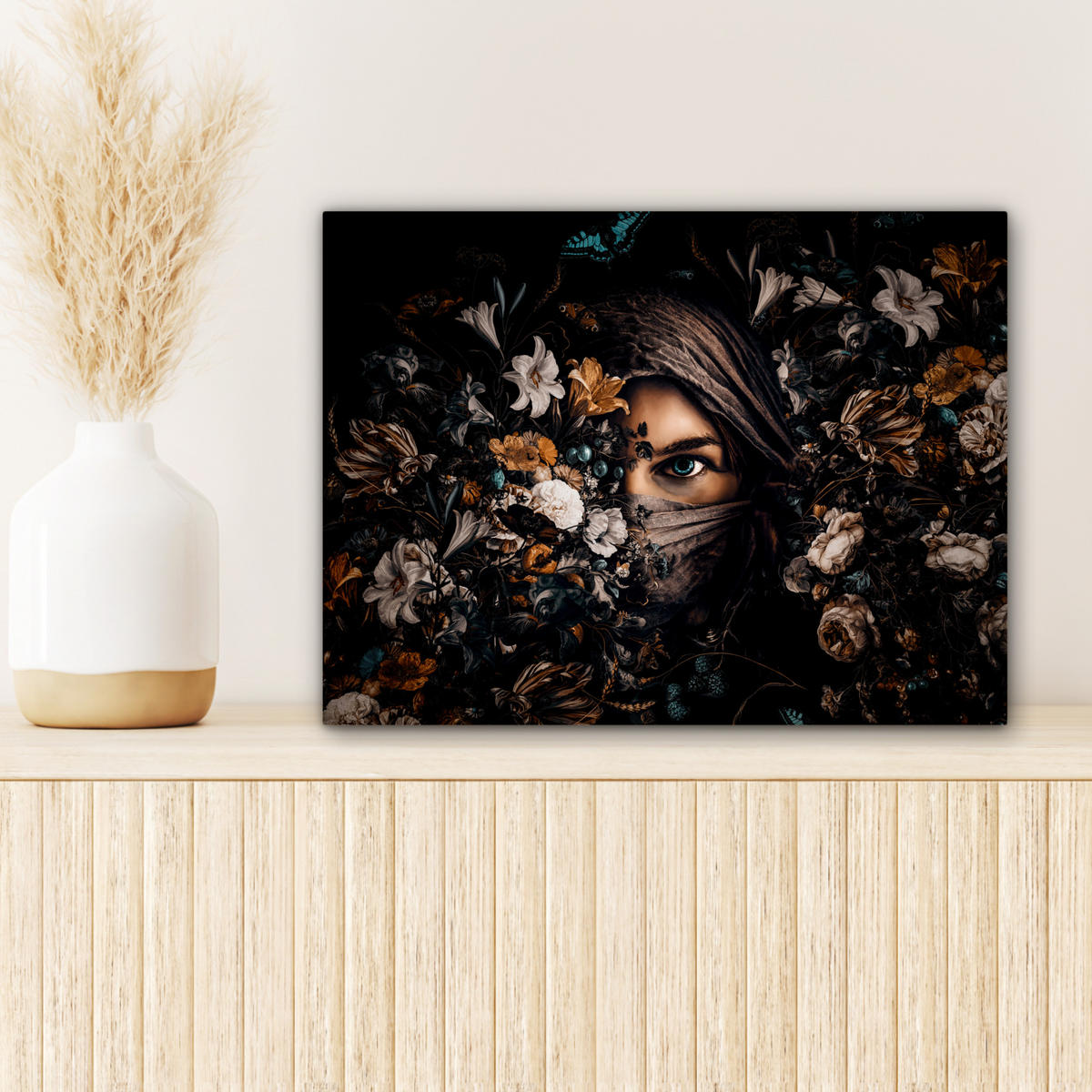 LEINWANDBILD Frau - Luxus - Blumen - Schmetterling - Porträt Wandbild 40x30 cm - Schwarz, Textil (40/30cm) - MuchoWow