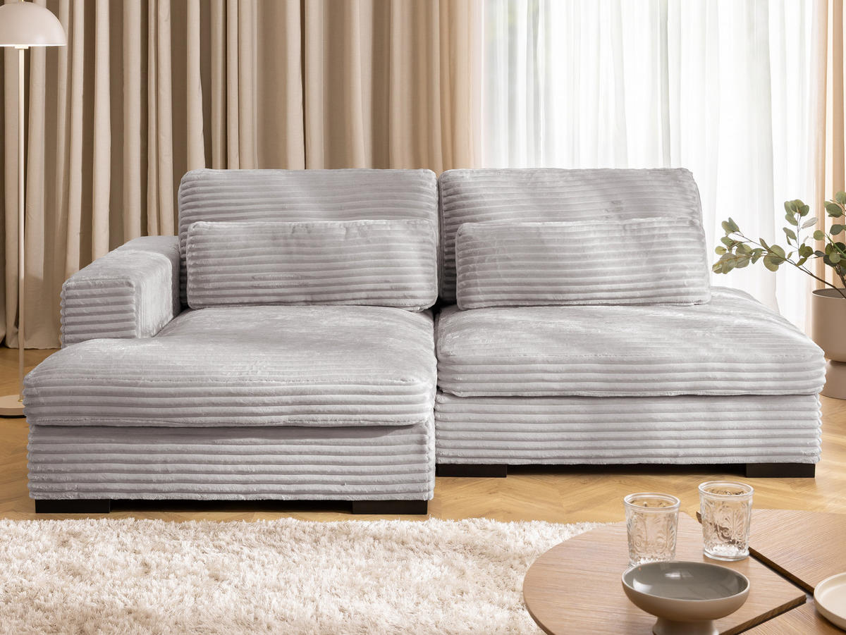 ECKSOFA Wolke mit tiefer Sitzfläche, Schlaffunktion und praktischem Bettkasten aus weichem Hellgrau Cordstoff - Hellgrau/Schwarz, Holz/Kunststoff (162/225cm) - S-Style