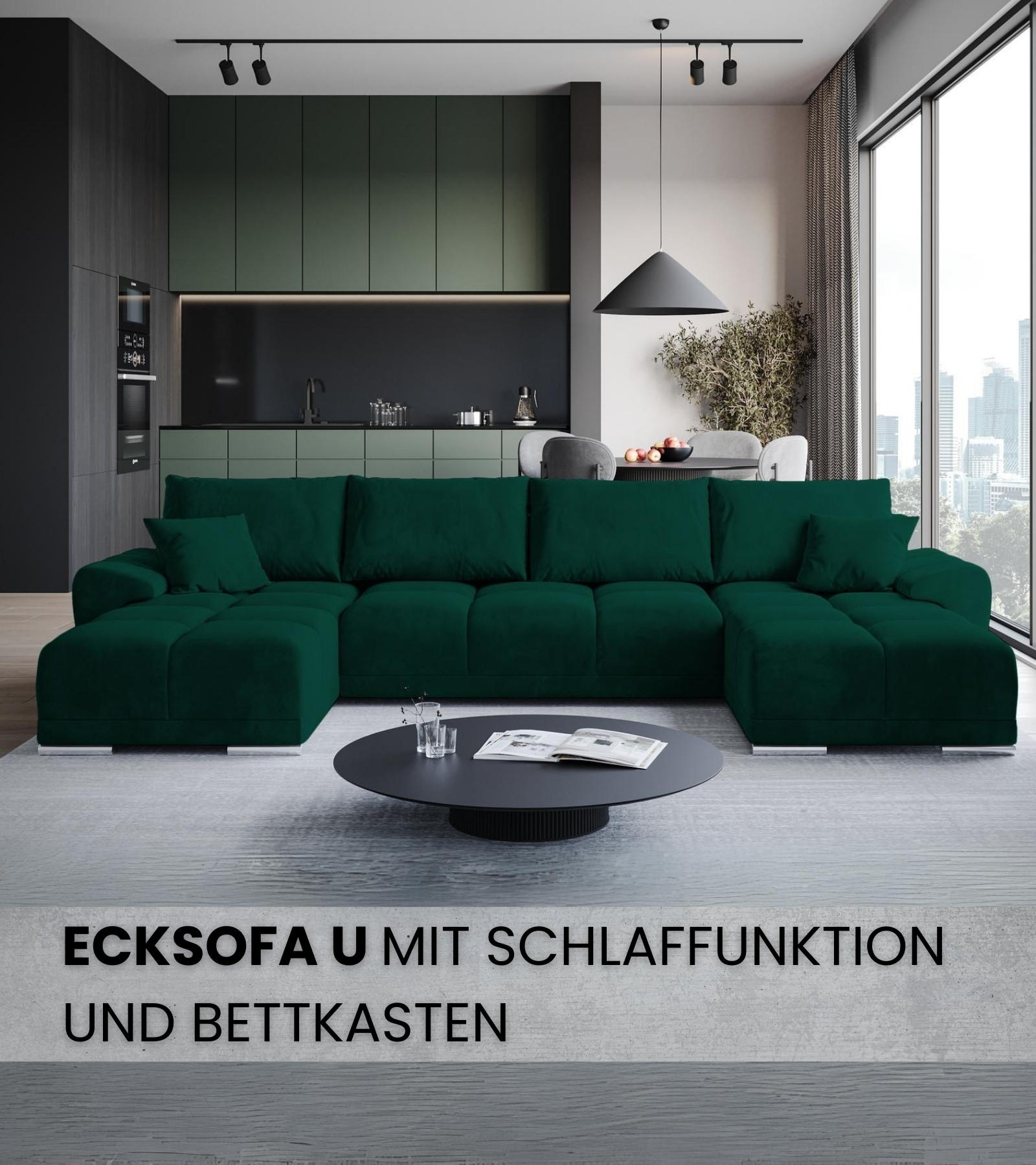 WOHNLANDSCHAFT Nubes mit Schlaffunktion Flaschengrün Plüsch - Silberfarben/Grün, Kunststoff/Textil (372/85/184cm) - Bromarkt