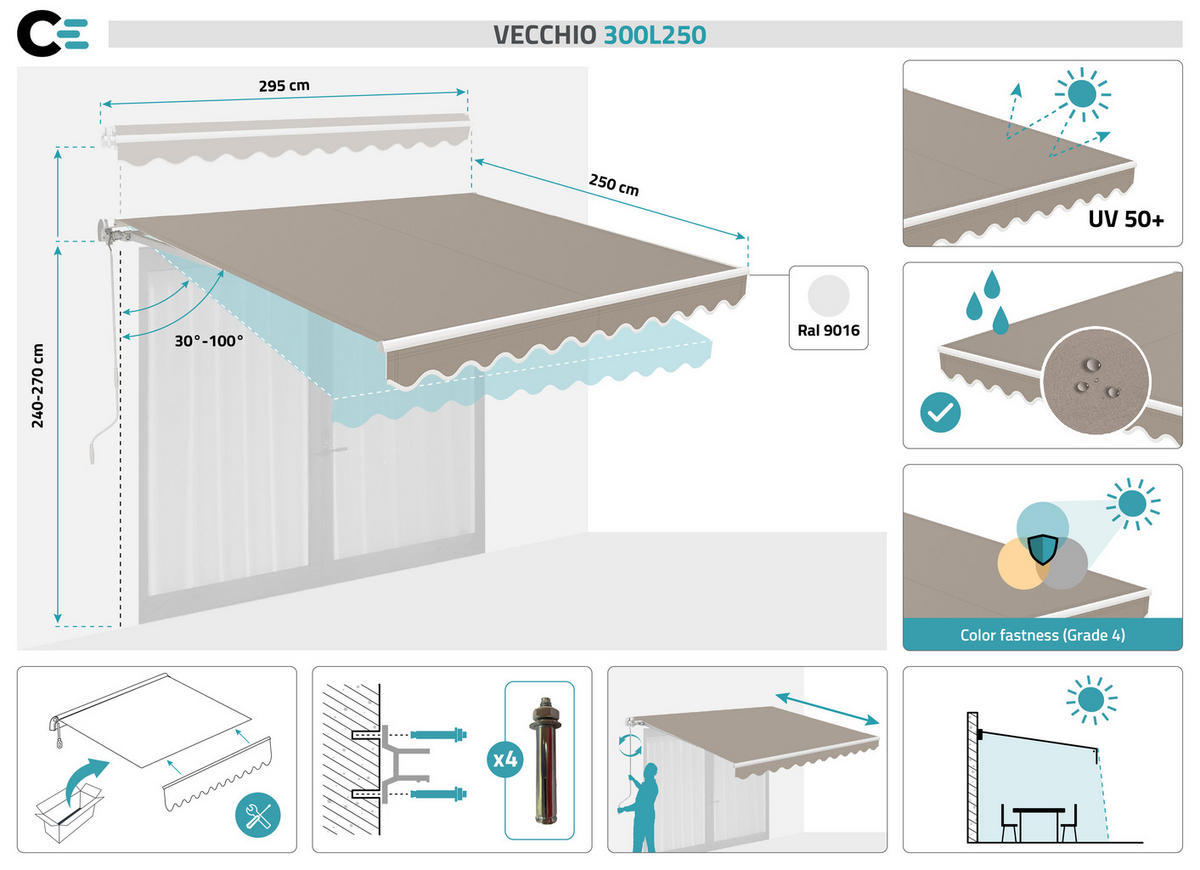 MONOBLOCK-MARKISE VECCHIO Weißes Gestell - leinwand Taupe 3x2,5m - Premium-Leinwand 320g/m² - Taupe, Metall (304/218/250cm) - Cazeboo