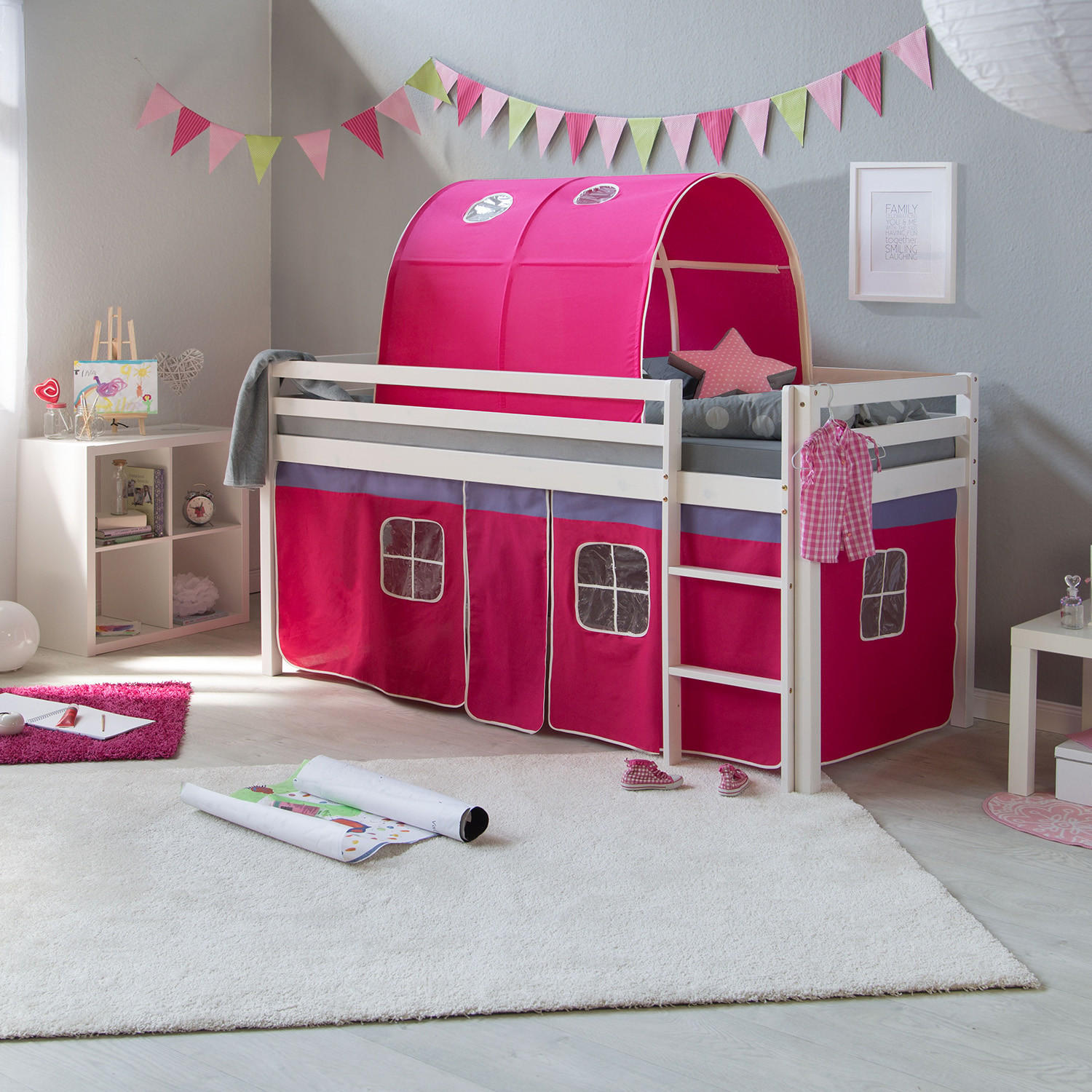 HOCHBETT mit Matratze 90/200 cm Pink - Pink/Weiß, Holz - Homestyle4u