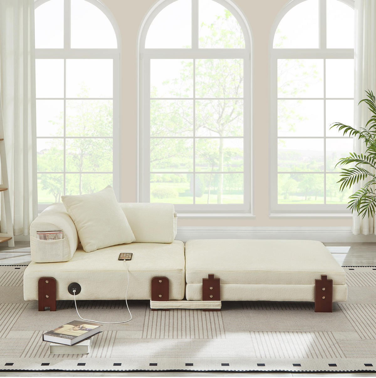 SCHLAFSESSEL aus Stoff Beige mit USB-, Type-C-Anschluss, Stauraum, Seitenfächern und Kissen - Beige, Textil (84/48/170.5cm) - Modfu