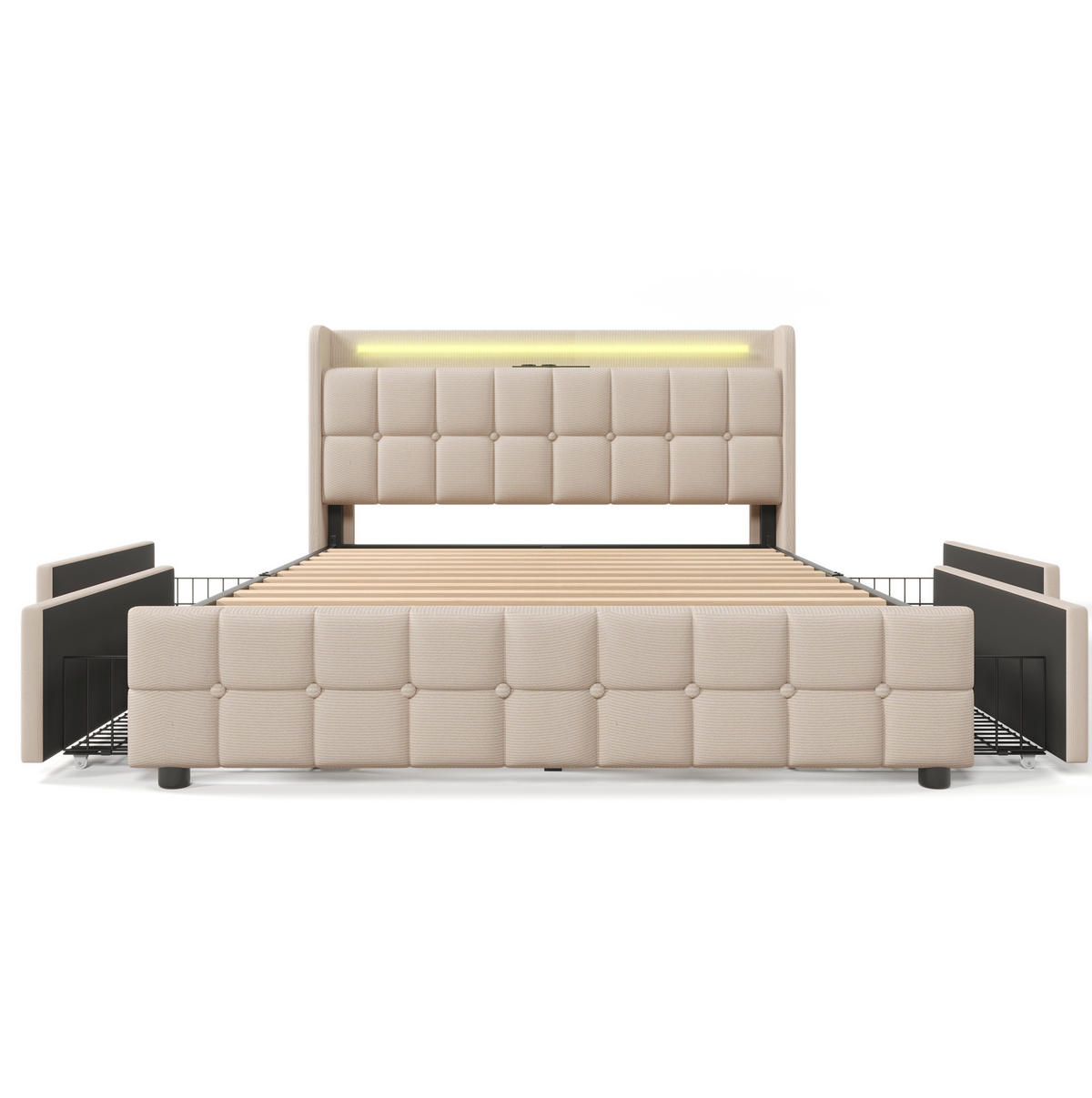 POLNJENA postelja iz lesa in lanu 160x200 cm bež z USB priključki, LED osvetlitvijo, 4 predali in vzmetnico - bež, leseni material (160/200cm) - Modfu