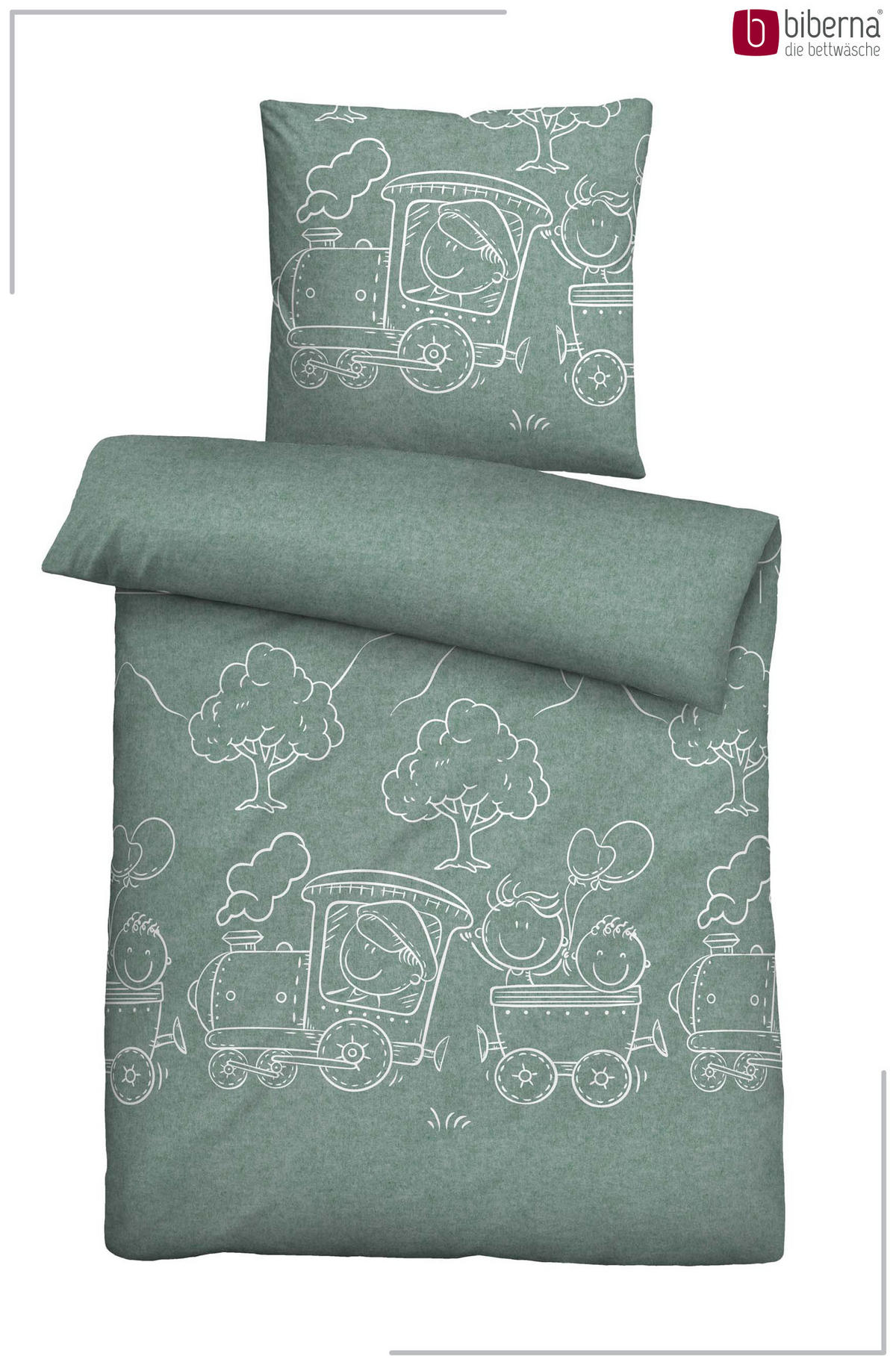 BETTWÄSCHE-GARNITUR Premium Melange Lokomotive fichte, 135x200 cm + 80x80 cm - Dunkelgrün, Textil (135/200cm) - biberna