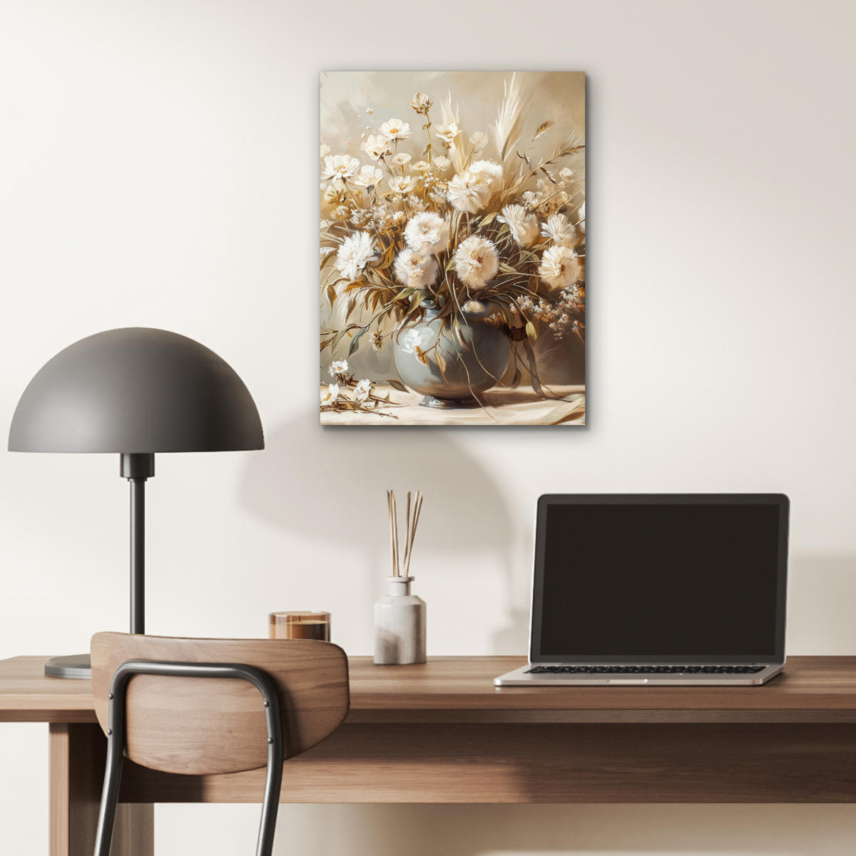 KOVOVÝ OBRAZ Kvety - Váza - Zátišie - Béžová 30x40 cm - krémová, kov (30/40cm) - MuchoWow