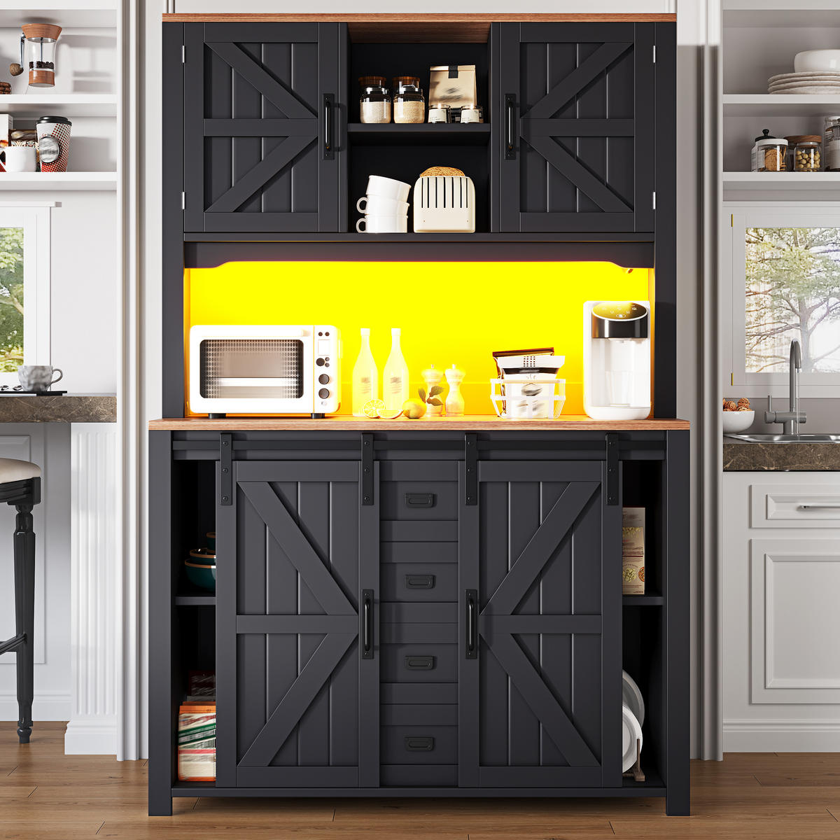 KÜCHENBUFFET mit LED-Beleuchtung und verstellbaren Einlegeböden, 115 x 40 x 174,7 cm, Schwarz, MDF und Metall - Schwarz, Holzwerkstoff (115/174.7/40cm) - SONNENH