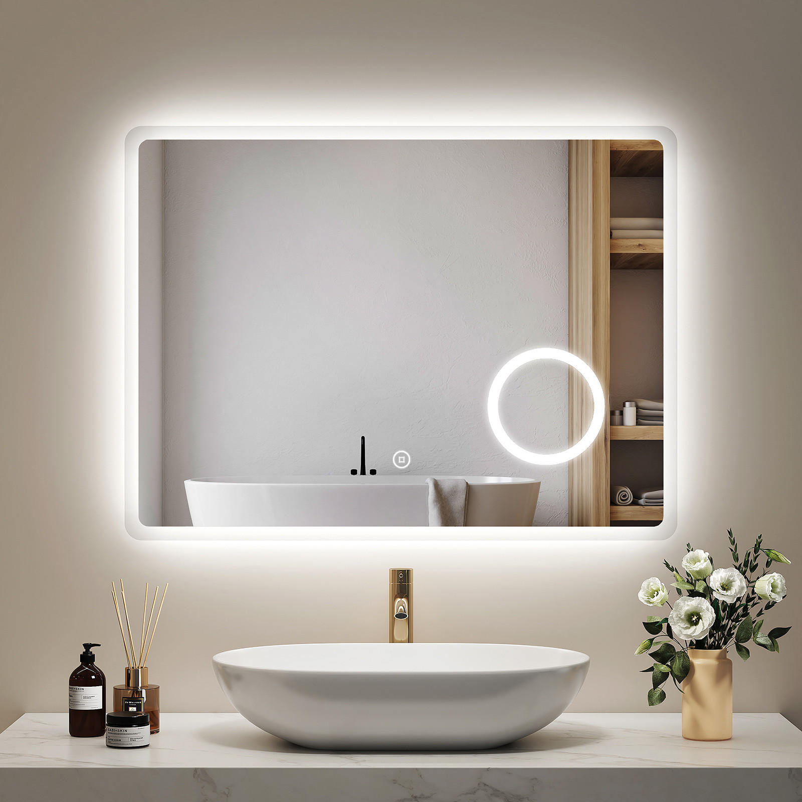 BADSPIEGEL mit Beleuchtung mit Integriertem Schminkspiegel 80/60 cm - Weiß, Glas (60/3.5/80cm) - EMKE