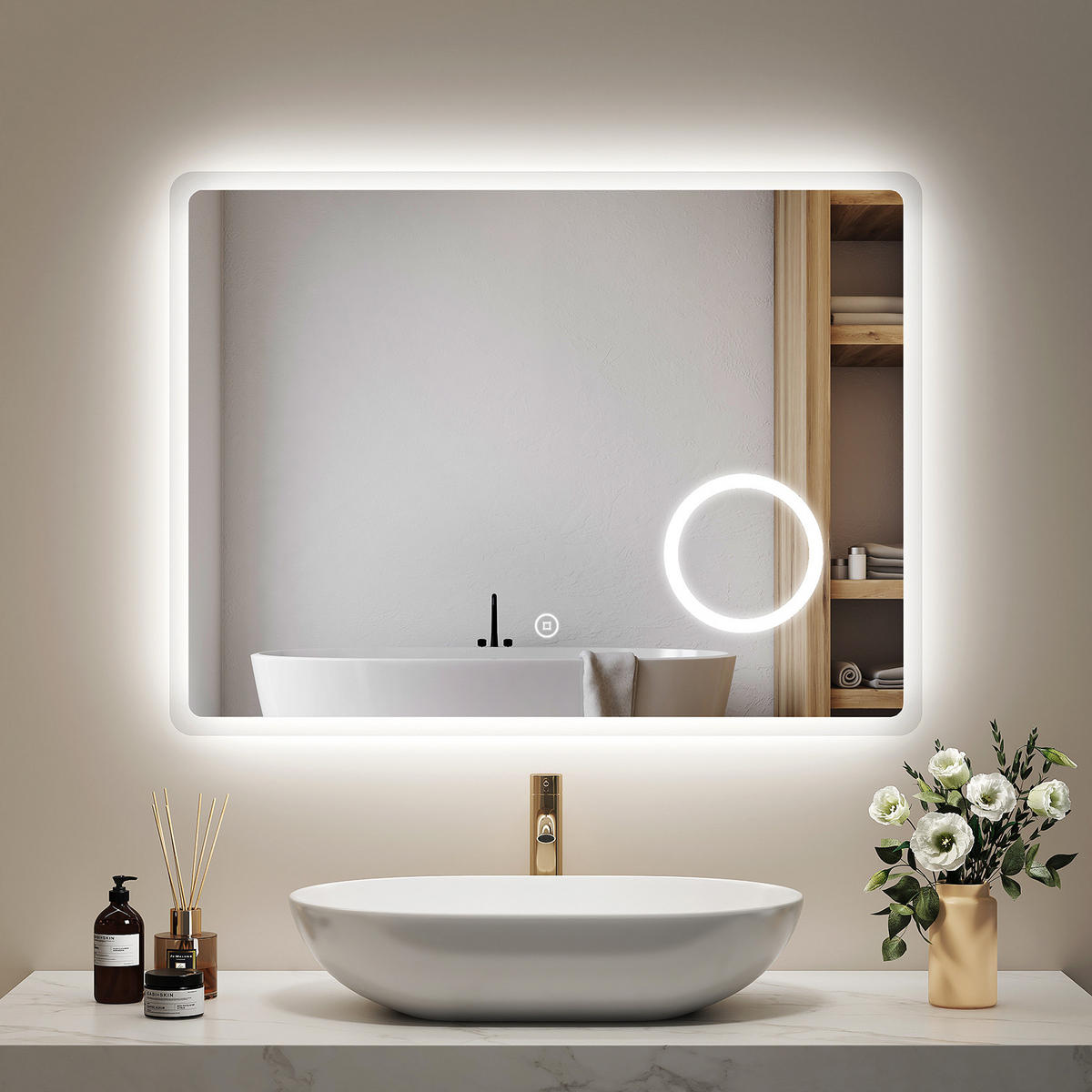 BADSPIEGEL mit Beleuchtung mit Integriertem Schminkspiegel 80/60 cm - Weiß, Glas (60/3.5/80cm) - EMKE