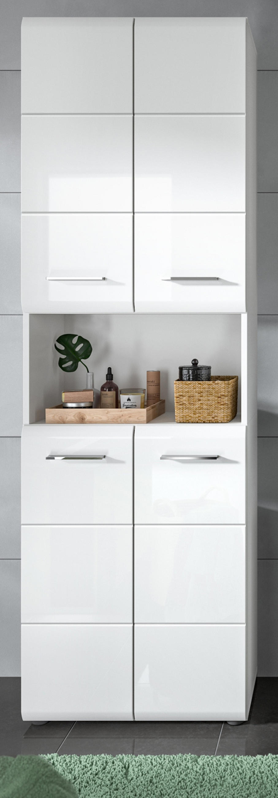 HOCHSCHRANK weiß Hochglanz, Badschrank 60 cm mit 7 großen Stauraum-Fächern - Weiß Hochglanz/Silberfarben, Holzwerkstoff/Kunststoff (60/185/30cm) - Inn.Furn