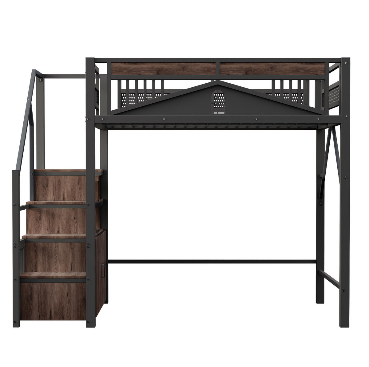 HOCHBETT 140/200 cm aus Metall und Holz mit Stauraumtreppe und Sicherheitszaun Schwarz - Schwarz, Metall (140/200cm) - Modenvie