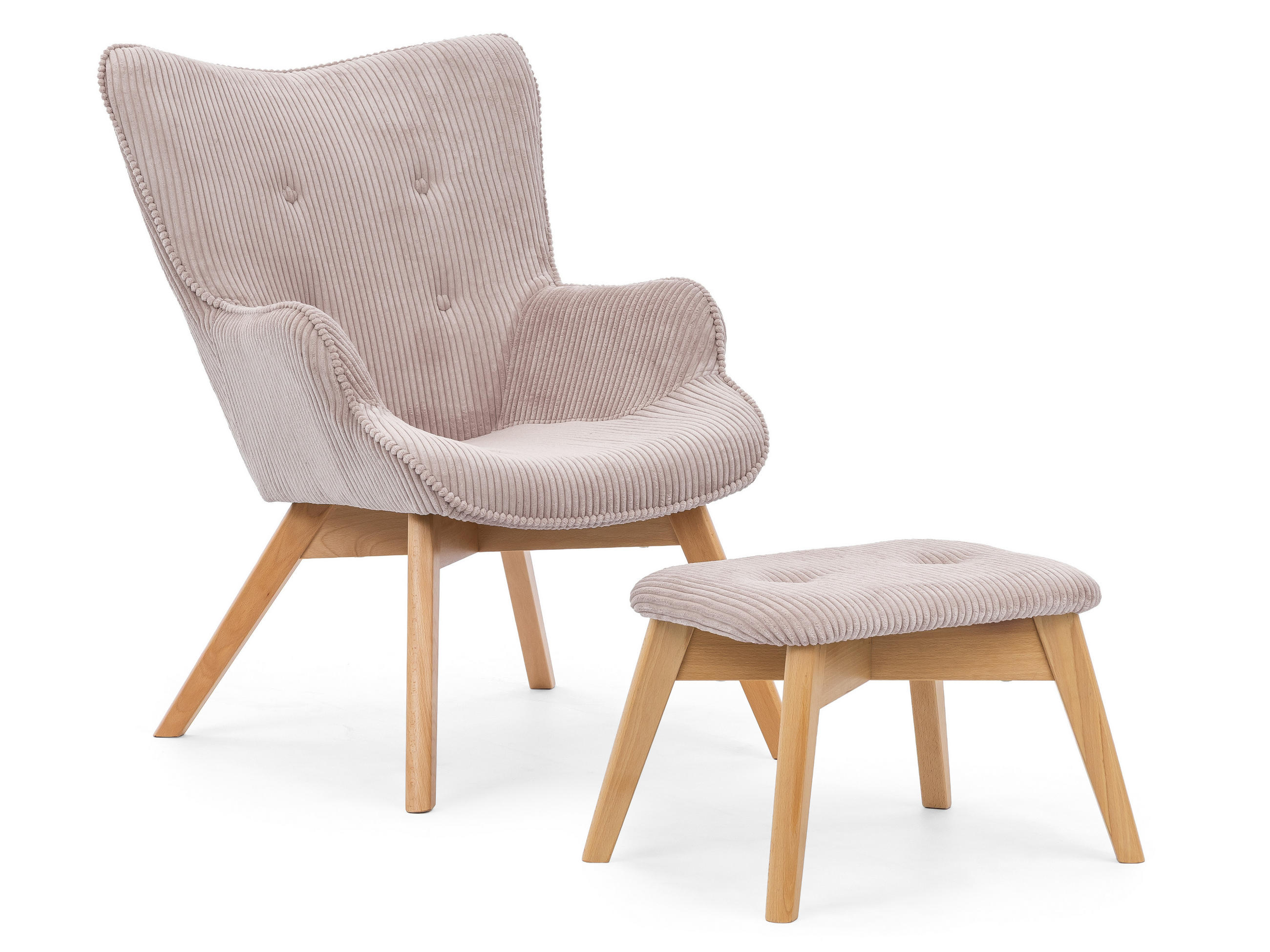 LOUNGESESSEL mit Fußhocker Lenari Puderrosa Cordstoff mit Füßen in Natur - Hellrosa/Naturfarben, Holz/Textil (71/96/86cm) - S-Style Möbel