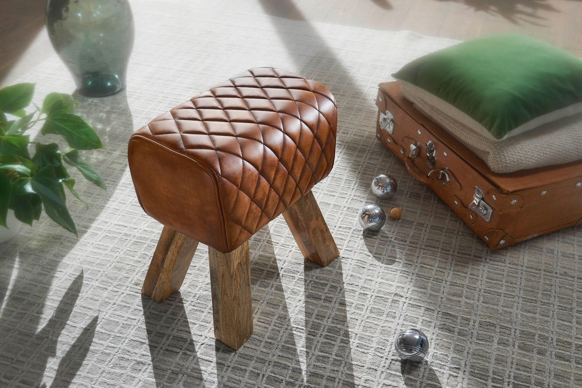 SITZHOCKER – Echtleder, Rautenmuster, robust - Braun, Mangoholz/Leder (40/48/27cm) - KADIMA DESIGN