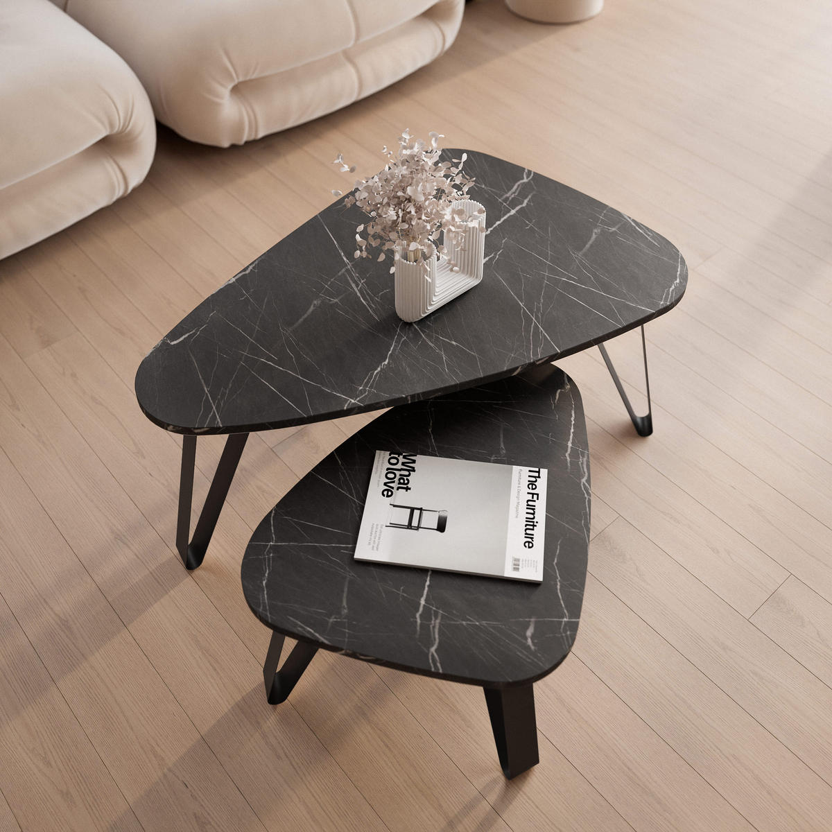 SATZTISCH NOA Stahlgestell, Freiform, Schwarz / Grigia Pietra - Schwarz/Grau, Holzwerkstoff (94/60/42cm) - Idohome