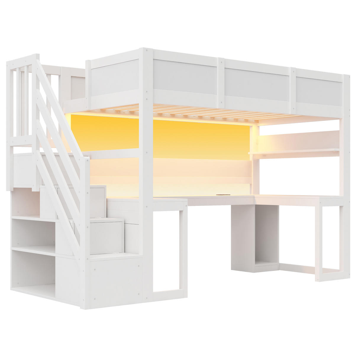 HOCHBETT 90 x 200 cm Schreibtisch LED-Beleuchtung und USB-Anschluss, Weiß - Weiß, Holz (90/200cm) - KOMHTOM