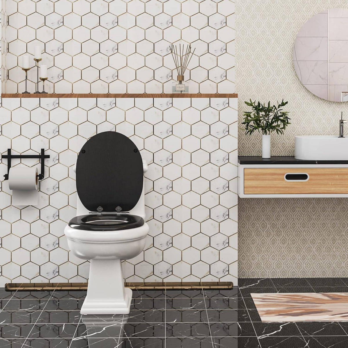 WC SITZ mit Absenkautomatik, MDF Holzkern, Antibakteriell - Schwarz, Holzwerkstoff (37/2.5/43cm) - Woltu