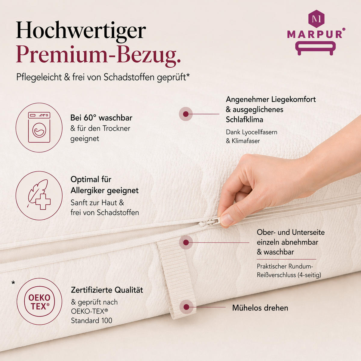 TASCHENFEDERKERNMATRATZE Premium-Kokos 200x200x21 cm, 7 Zonen, Härtegrad H3/H4, Farbe: Weiß, inkl. Bezug - Weiß, Textil (200/200cm) - Marpur