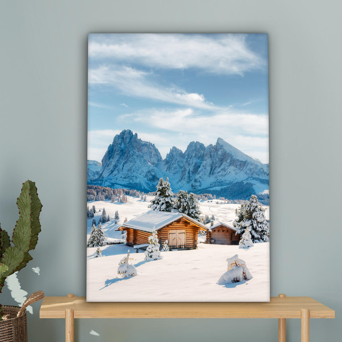 LEINWANDBILD Winter - Hütte - Berge - Aussicht - Schnee 60x90 cm - Eichefarben, Textil (60/90cm) - MuchoWow