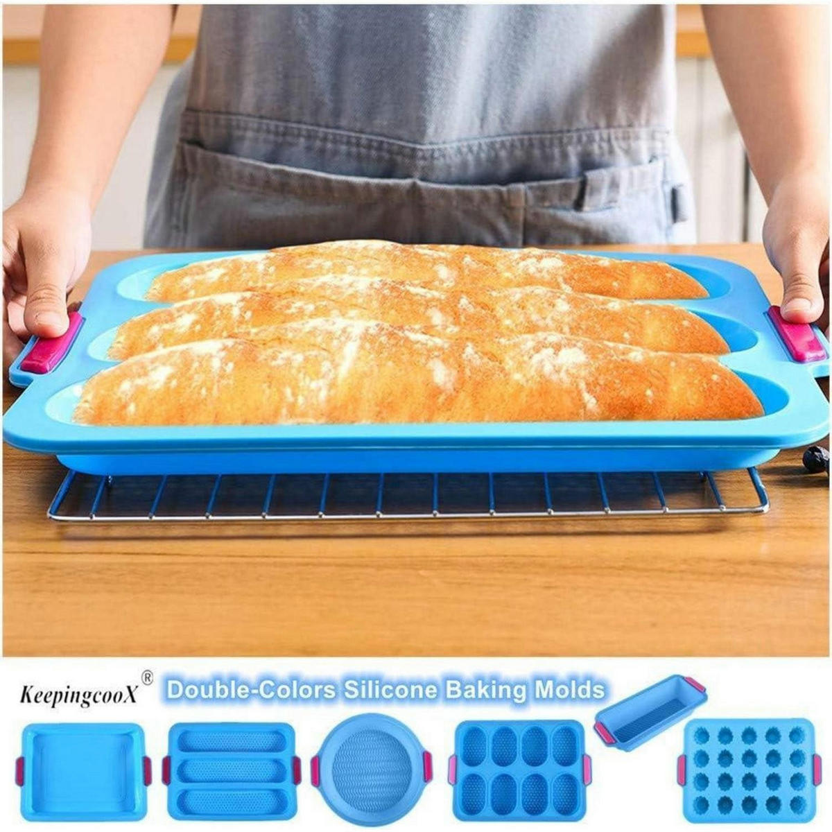 BAGUETTE-BACKBLECH 34 x 24 cm Silikon für 3 Baguettes - Blau, Kunststoff (24/3/28cm)