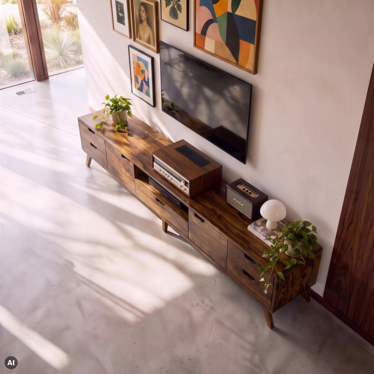 TV-BOARD Sheesham 260x40x48 walnuss gewachst MALMÖ 2 #126 - Dunkelbraun, Holz (260/48/40cm) - Massivmoebel24
