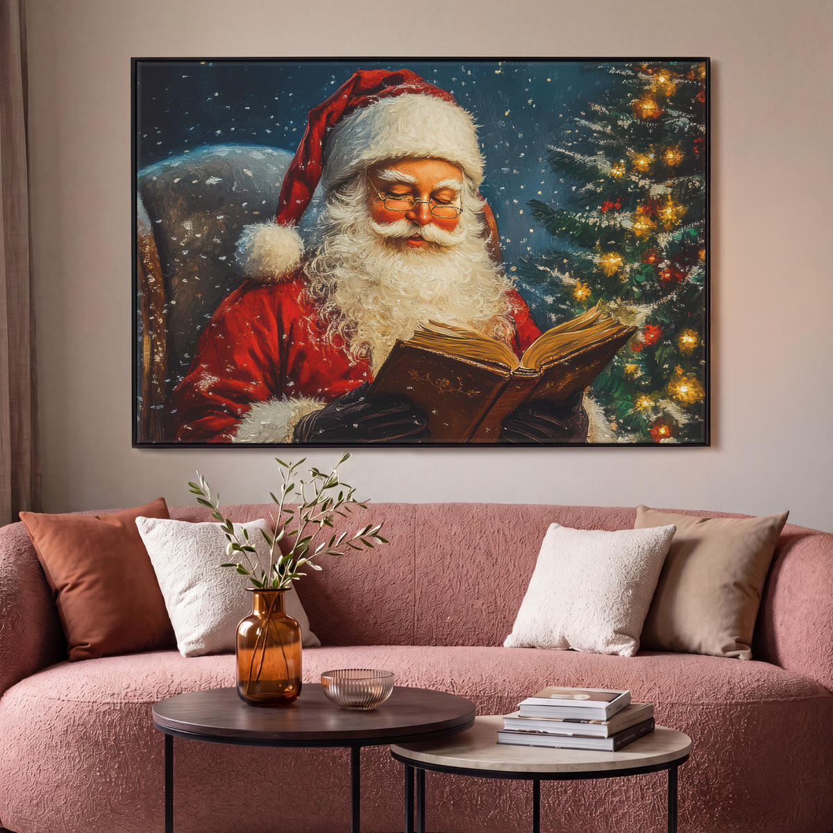 LEINWAND Bilder mit Rahmen - Weihnachtsmann - Weihnachten - Winter - Weihnachtsbaum - 150x100 - Bordeaux, Textil (150/100cm) - MuchoWow