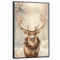 LEINWAND Bilder mit Rahmen - Weihnachten - Rentier - Winter - Kranz - 100x150 - Naturfarben, Textil (100/150cm) - MuchoWow