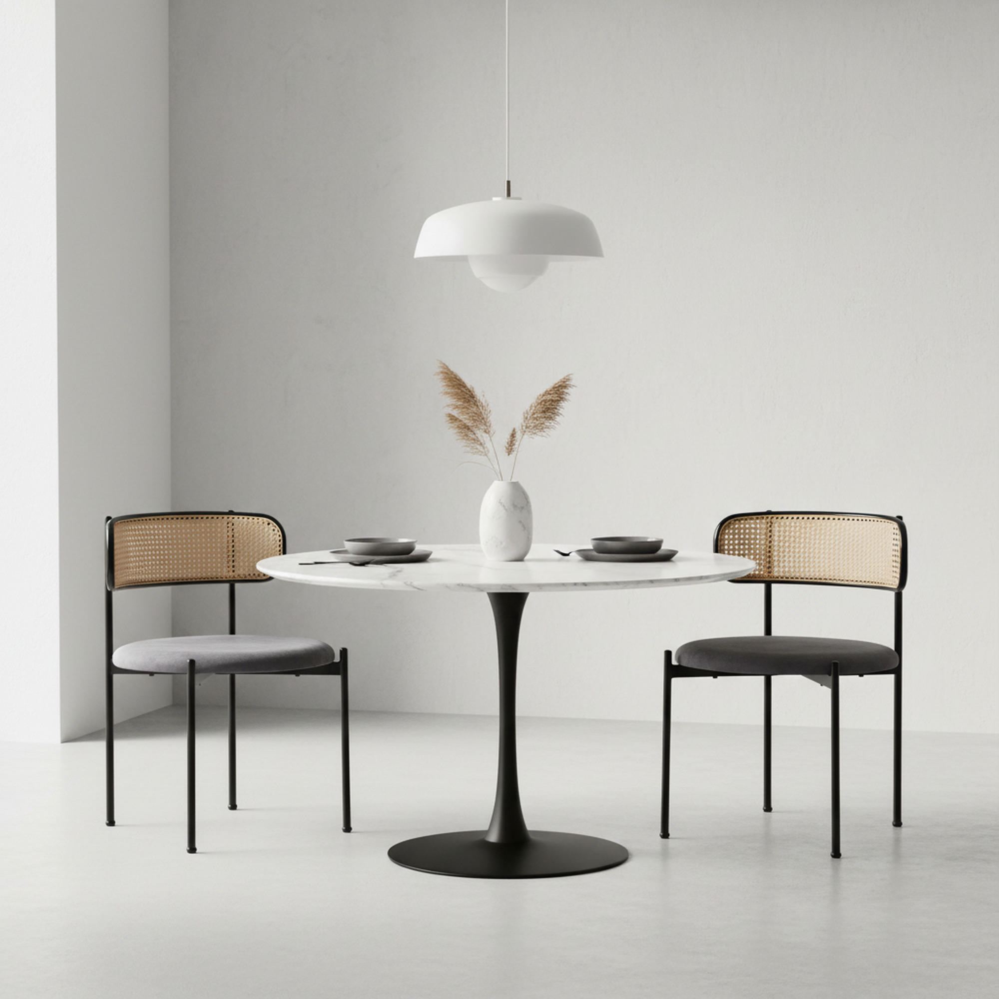 ESSZIMMERSTUHL 2er-Set Samt, Rattan-Rückenlehne, Metallbeine, Modern, Ergonomisch, Grau - Grau, Naturmaterialien/Textil (51/75/55cm) - Urban Meuble