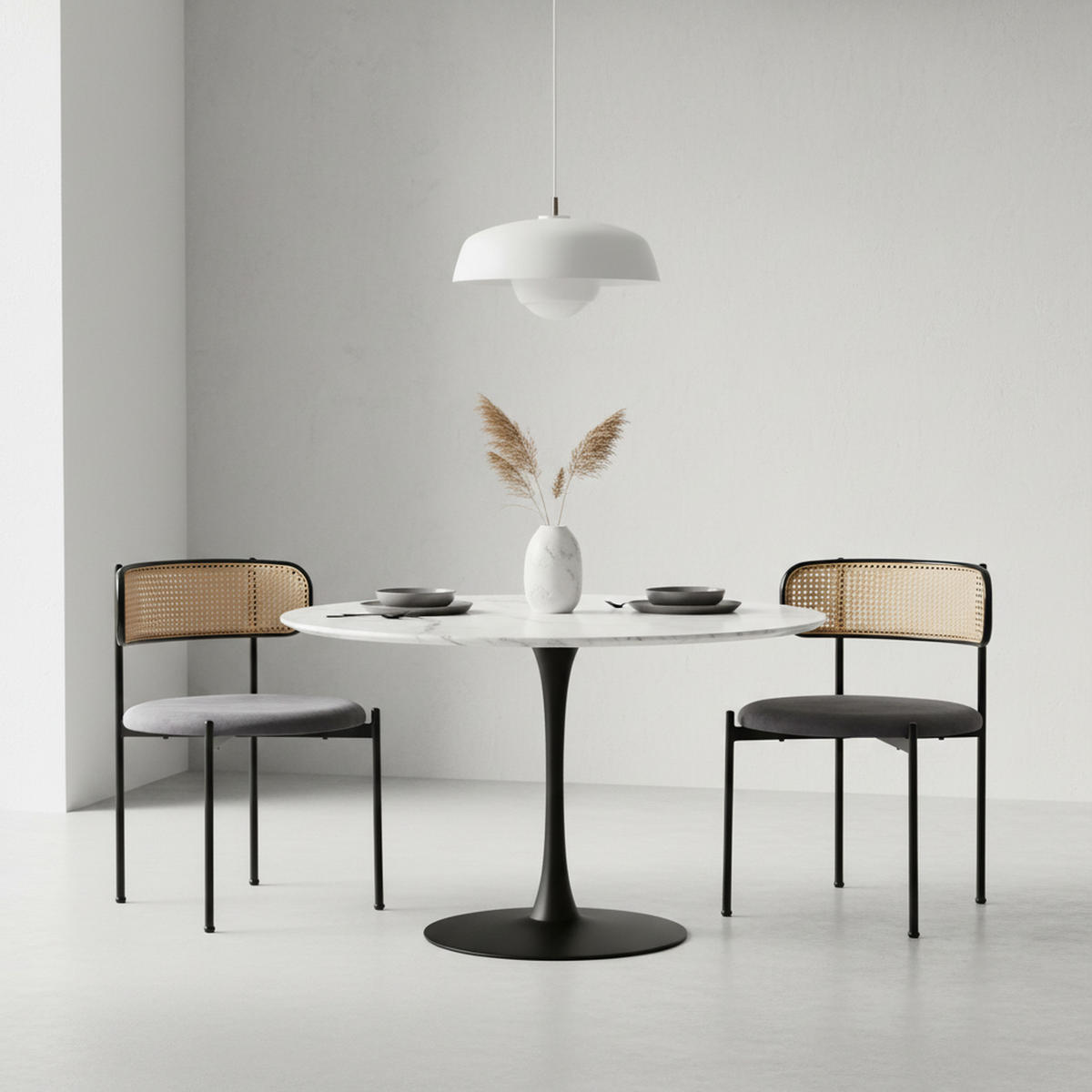 ESSZIMMERSTUHL 2er-Set Samt, Rattan-Rückenlehne, Metallbeine, Modern, Ergonomisch, Grau - Grau, Naturmaterialien/Textil (51/75/55cm) - Urban Meuble