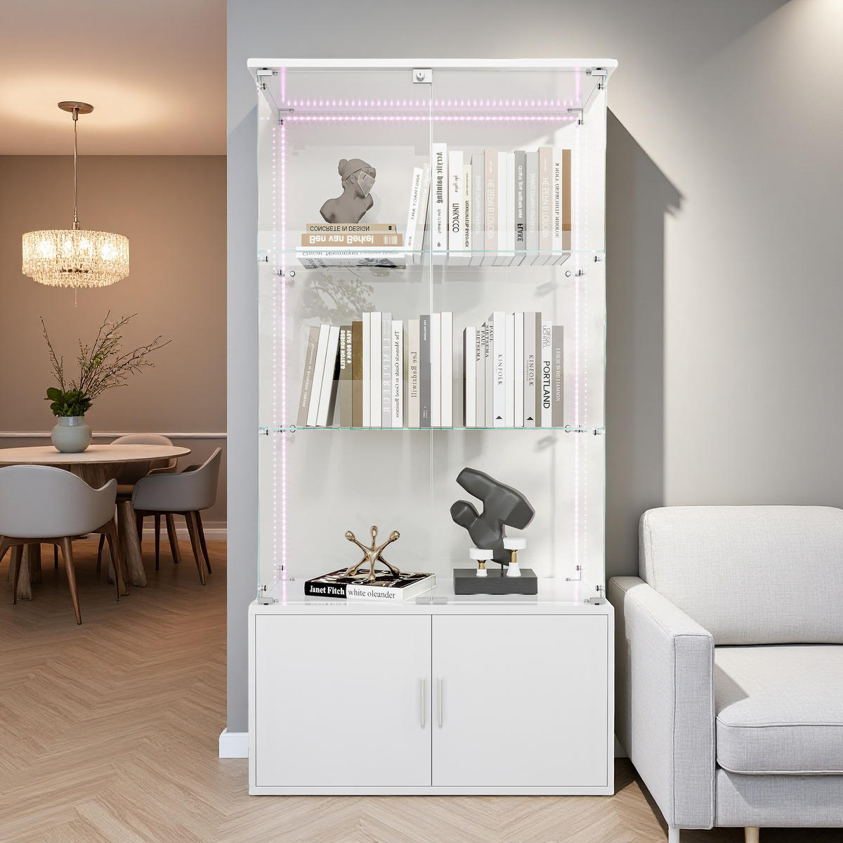 GLASVITRINE weiß 3 Etagen mit LED-Beleuchtung - Weiß, Glas (35/164/78.5cm) - SHOPENTRA