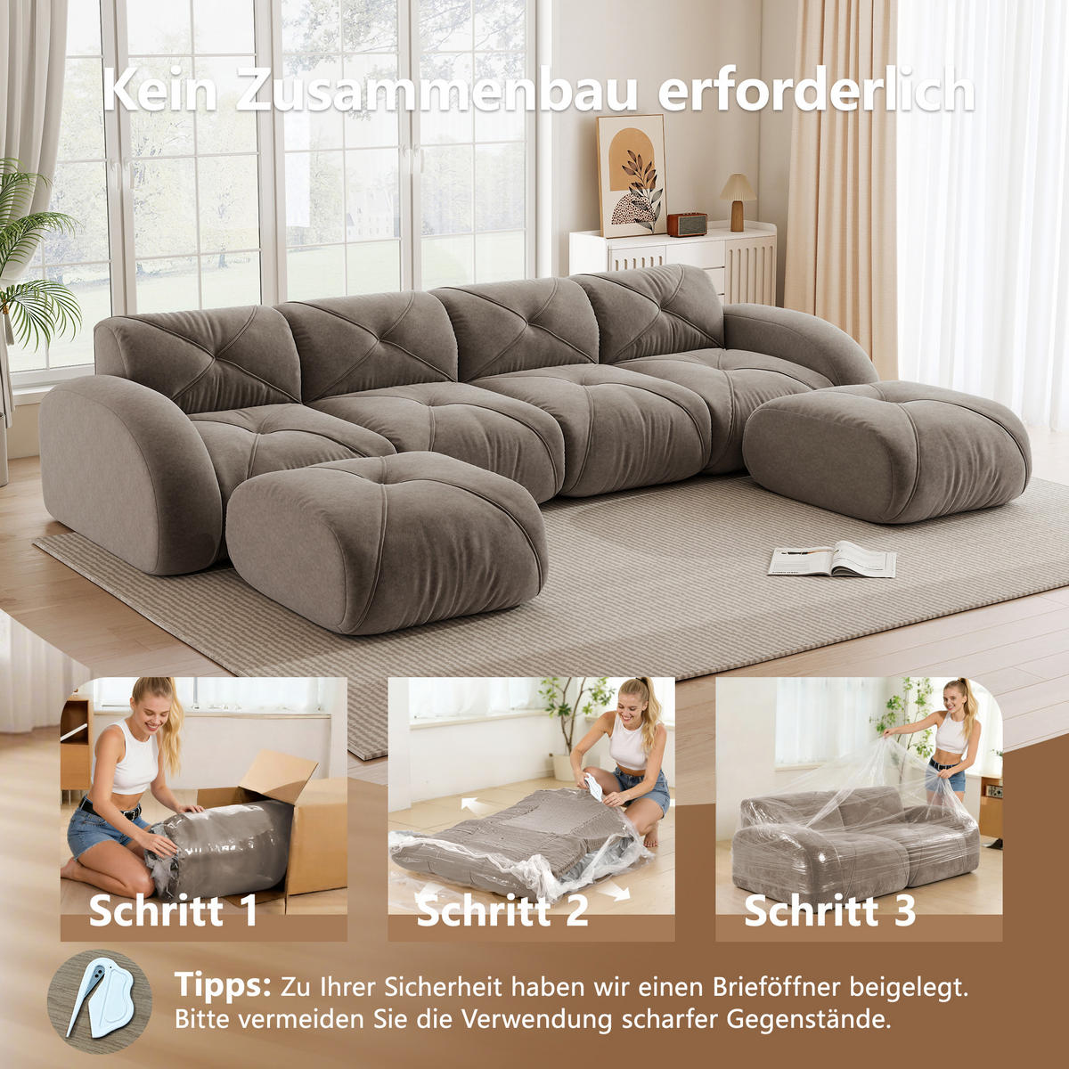 WOHNLANDSCHAFT Chenille Taupe mit 2 Hocker - Braun, Textil (358/76/171cm) - WISHDOR