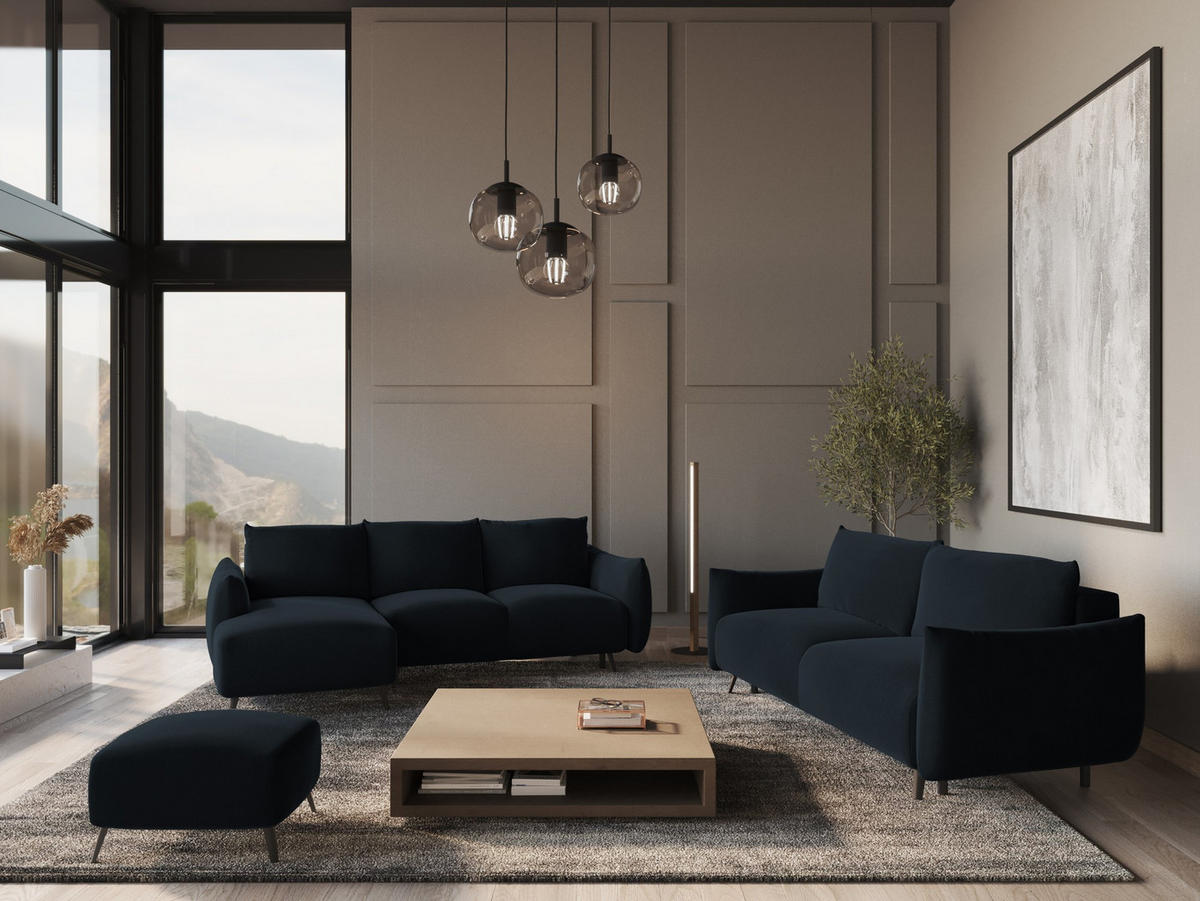 ECKSOFA mit Schlaffunktion Samt Stoff Blau - Blau/Schwarz, Textil/Metall (162/242cm) - Makamii