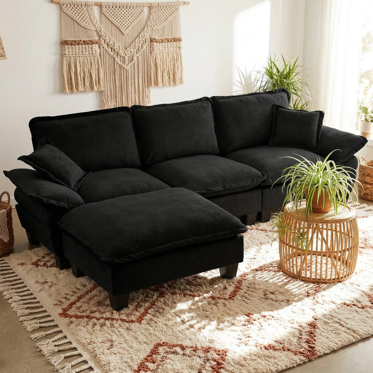 ECKSOFA mit Ottomane 263 x 151 x 90 cm Schwarz - Schwarz, Holz (151/263cm) - Meubliv