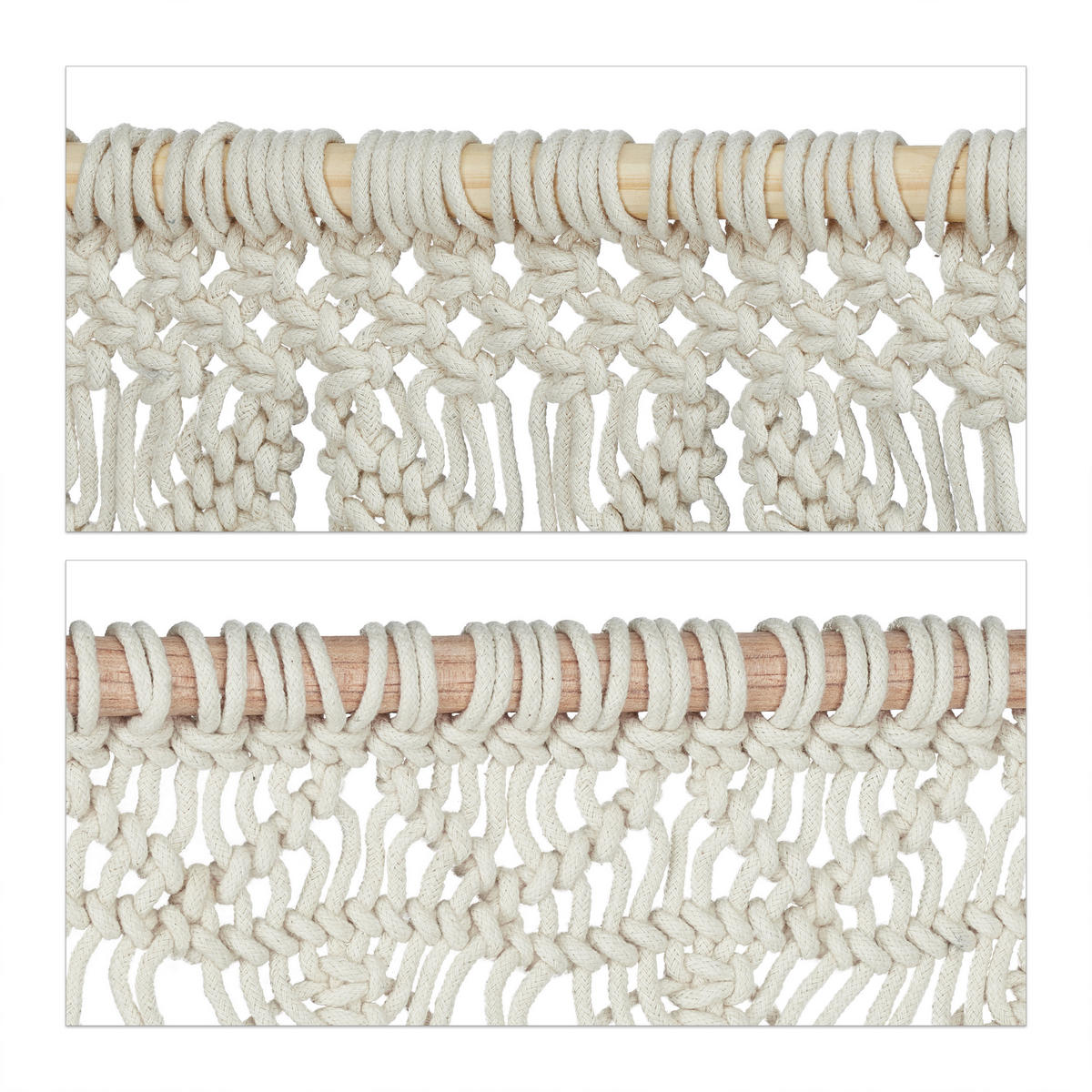 2-DIELNY makramé záves na stenu - krémová, drevo/textil (30/1.5cm) - Relaxdays